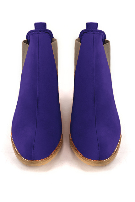 Violet purple and bronze beige women's ankle boots, with elastics. Round toe. Low leather soles. Top view - Florence KOOIJMAN